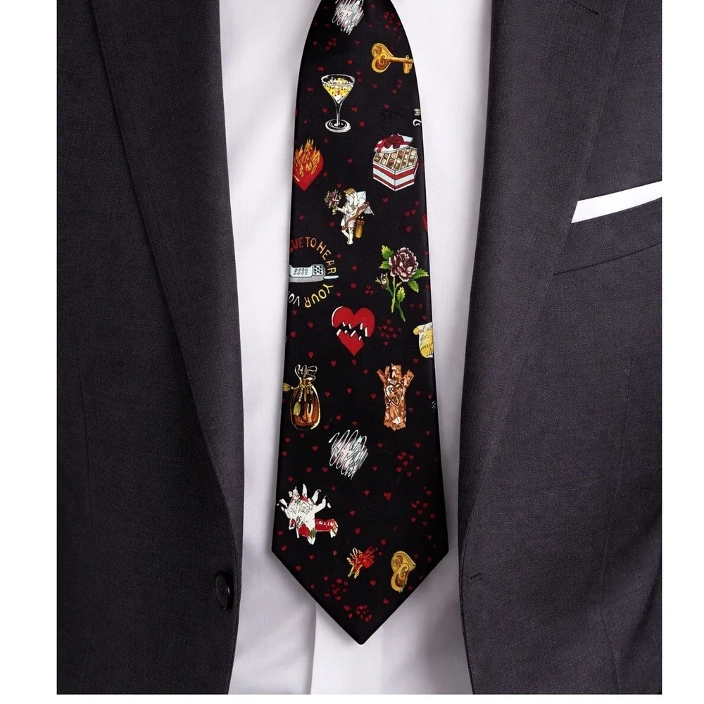 Nicole Miller Silk‎ Tie Mens OS Black 1994 Vintage Love Letters Hearts Valentine